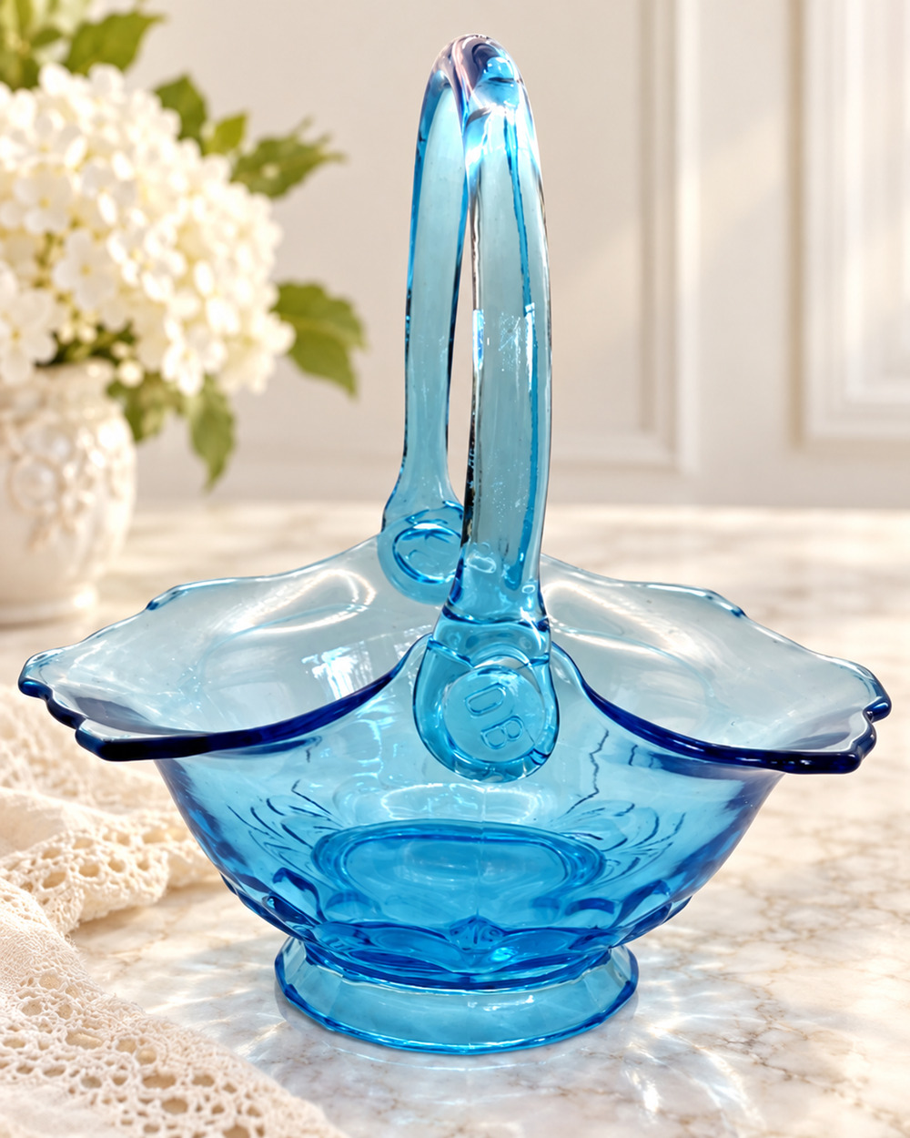Vintage Tiara Indiana Glass Blue Duchess Bridal Basket 11” Signed DB David Bales